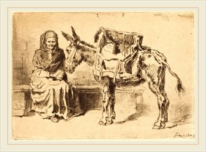 Félix-Hilaire Buhot, French (1847-1898), CacoletiÃ¨re Assise (Seated Woman and Ass), 1875, drypoint