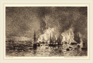 Maxime Lalanne, French (1827-1886), Incendie dans le port de Bordeaux, 1869, etching on laid paper
