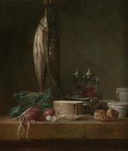 Still Life with Fish, Vegetables, GougÃ¨res, Pots, and Cruets on