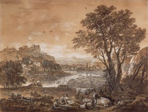 A Landscape with Shepherds Resting Under a Tree by a Cascade (re