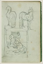 Two standing horses, Man riding a rearing horse