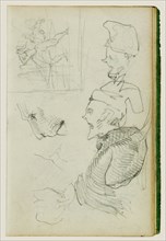 Studies of lion, compositional group figure study, two caricatur