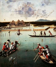 Hunting on the Lagoon (recto),  Letter Rack (verso)