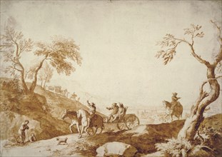 Landscape with Travellers, Two Riding in a Carriage Driven by a