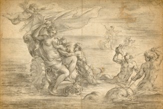 Venus Seated in Her Sea Chariot Suckling Cupid