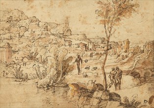 Landscape with Shepherds by a River and a Town Beyond (recto),