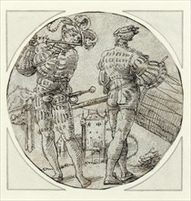 A Flutist and Drummer Before a Moated Castle