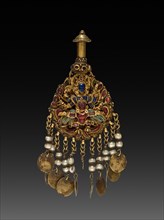 Earring with Vishnu Riding Garuda, 1600s. Tibet, 17th century (?). Gold with jewels; overall: 2.5