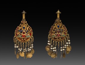 Pair of Earrings with Vishnu Riding Garuda, 1600s. Gold set with jewels and semi-precious stones;
