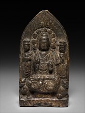 Buddha Triad, 568. China, Eastern Zhou dynasty (771-256 BC). Stone; overall: 21.3 x 11.7 cm (8 3/8