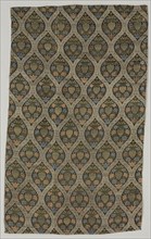 Lampas fragment with blossoms in ogival lattice, 1600s. Iran, Safavid Period. Lampas: silk and