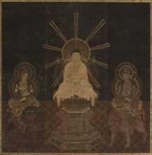 Shaka attended by Fugen and Monju, 1185-1333. Japan, Kamakura period. Hanging scroll; ink and color