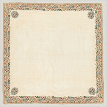 Embroidered head scarf, 1800s. Turkey. Plain weave: linen; embroidery, double-running stitch: silk,