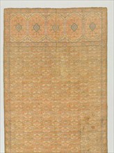 Sash with floral field and end panels on a gold ground, 1700s. Iran. Taqueté with discontinuous