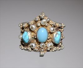 Ring, 1800s. North Africa, 19th century. Silver gilt with turquoise, pearls and filagree work;