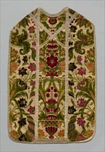 Chasuble, c 1600- 1700. Italy, Genoa, 17th century. Woven polychrome silk and gilt metal threads,