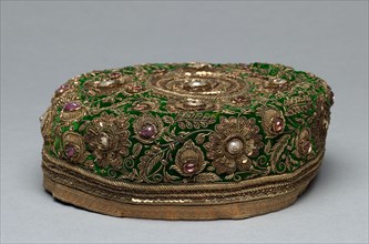 Man's Cap, 1800s. India, 19th century. Embroidery; velvet decorated with gold thread, pearls and