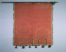 Banner, 1700s. Spain, 18th century. Crimson silk brocade; scalloped border with fringe; overall: