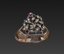 Ring, 1700s. France ?, 18th century. Gold band, silver ornamental basket with garnet and diamond