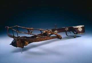 Pellet Crossbow, 1600s. South Germany (?), 17th century. Wood, inlaid with stag horn; flax cord;