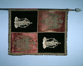 Banner with a Quartered Royal Arms of Spain and the Madonna and Child, 1500s. Spain, 16th century.