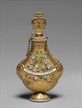 Scent Bottle, 1800s. Switzerland, 19th century. Gold and enamel; overall: 9.1 x 7.5 x 2.2 cm (3