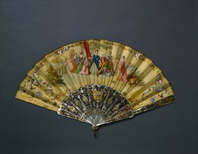 Fan, c. 1840. France (?). Carved and gilded pearl sticks, gouache on silk leaf; radius: 25.7 cm (10