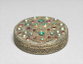 Box, 1800s. Turkey, 19th century. Jade, gilt metal, turquoise, emeralds (?), rubies (?); overall: 2