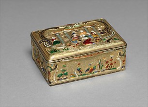 Snuff Box, 1800s. Continental, 19th century. Gold box decorated with polychrome, repousse enamel