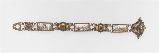Belt, early 1700s. Netherlands, early 18th century. Enamel on copper with gilt metal mounts and