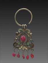 Earring, 1800s. Russia, 19th century. Silver, enamel and red glass beads; overall: 6.4 x 2.6 cm (2