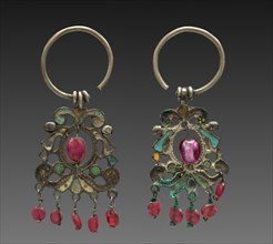 Earring, 1800s. Russia, 19th century. Silver, enamel and red glass beads; overall: 6.4 x 2.6 cm (2