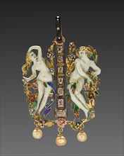 Pendant, 1870-1890. France, late 19th century. Enameled figures surrounded by colored enameled