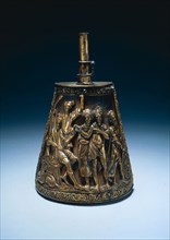 Powder Flask, c. 1590. Italy, 16th century. Gilt brass over fabric covered wood; overall: 19.4 x 12