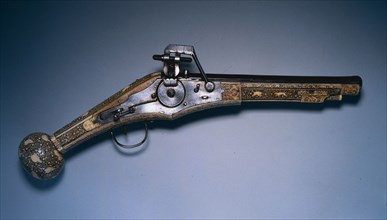 Wheel-Lock Hunting Pistol, 1578. South Germany, 16th century. Steel, walnut stock with engraved