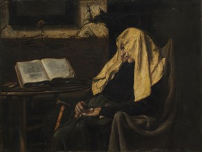 Old Woman Asleep, Mid 19th century. Possibly France, mid-19th Century. Oil on fabric; unframed: 31