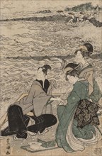 Man and Two Women at the Sea Shore, 1769-1825. Utagawa Toyokuni (Japanese, 1769-1825). Color