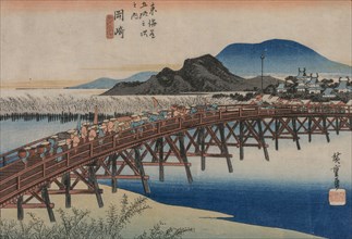 Yahagi Bridge at Okazaki (Station 39),  From the series Fifty-Three Stations of the Tokaido, 1833.