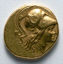 Stater: Head of Athena (obverse), 336-323 BC. Greece, Macedonia, 4th century BC. Gold; diameter: 1