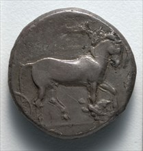 Tetradrachm: Head of Nymph (obverse), 466-413 BC. Greece, Syracuse, 5th century BC. Silver;