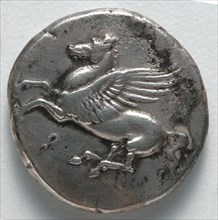 Stater:  Pegasus (obverse), 350-338 BC. Greece, Corinth, 4th century BC. Silver; diameter: 2.2 cm