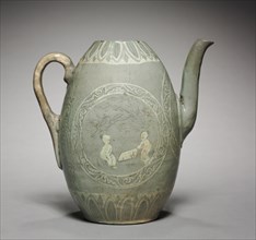 Pitcher with Inlaid Figure and Willow Design, 1200s. Korea, Goryeo period (918-1392). Celadon ware