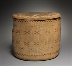 Lidded Twined Cylindrical Basket, late 1800 - early 1900. Arctic. Aleut (Attu), late 19th-early