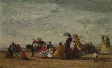 Beach Scene, c. 1865-1867. Eugène Boudin (French, 1824-1898). Oil on wood panel; framed: 54 x 75 x