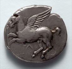 Corinthian Stater: Pegasus (obverse), c. 380 BC. Greece, 4th century BC. Silver; diameter: 2.2 cm