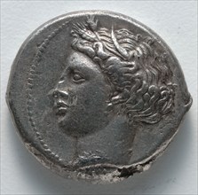 Tetradrachm: Persephone (obverse), 380 BC. Sicily, Greece, 4th century BC. Silver; diameter: 2.5 cm