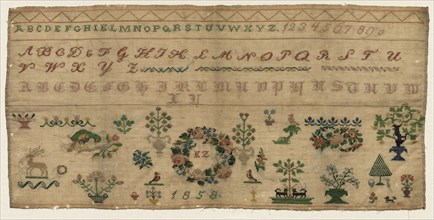 Sampler, 1858. Celia Kestenbaum Grossman (Austrian). Embroidery: linen; overall: 31.8 x 65.4 cm (12