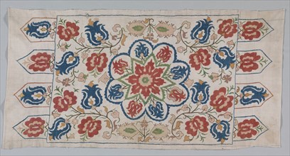 Embroidered cushion cover, 1700s. Turkey. Plain weave: linen; embroidery, self-couching and