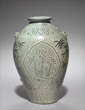 Vase with Inlaid Lotus, Plum, and Bamboo Design, 1300s. Korea, Goryeo period (918-1392). Celadon