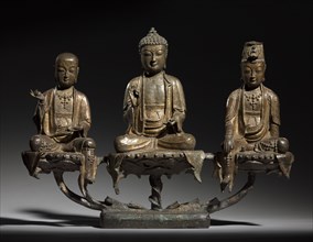 Amitabha Triad, 1400s. Korea, Joseon dynasty (1392-1910). Bronze with traces of gilding; overall: